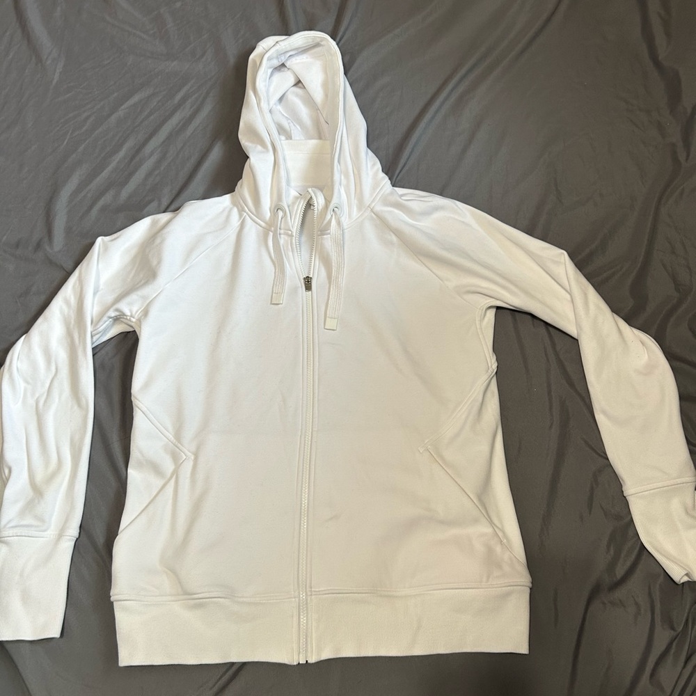 Athleta Triumph Hoodie Full Zip Hooded Sweatshirt Jacket White Stretch Gym Large
